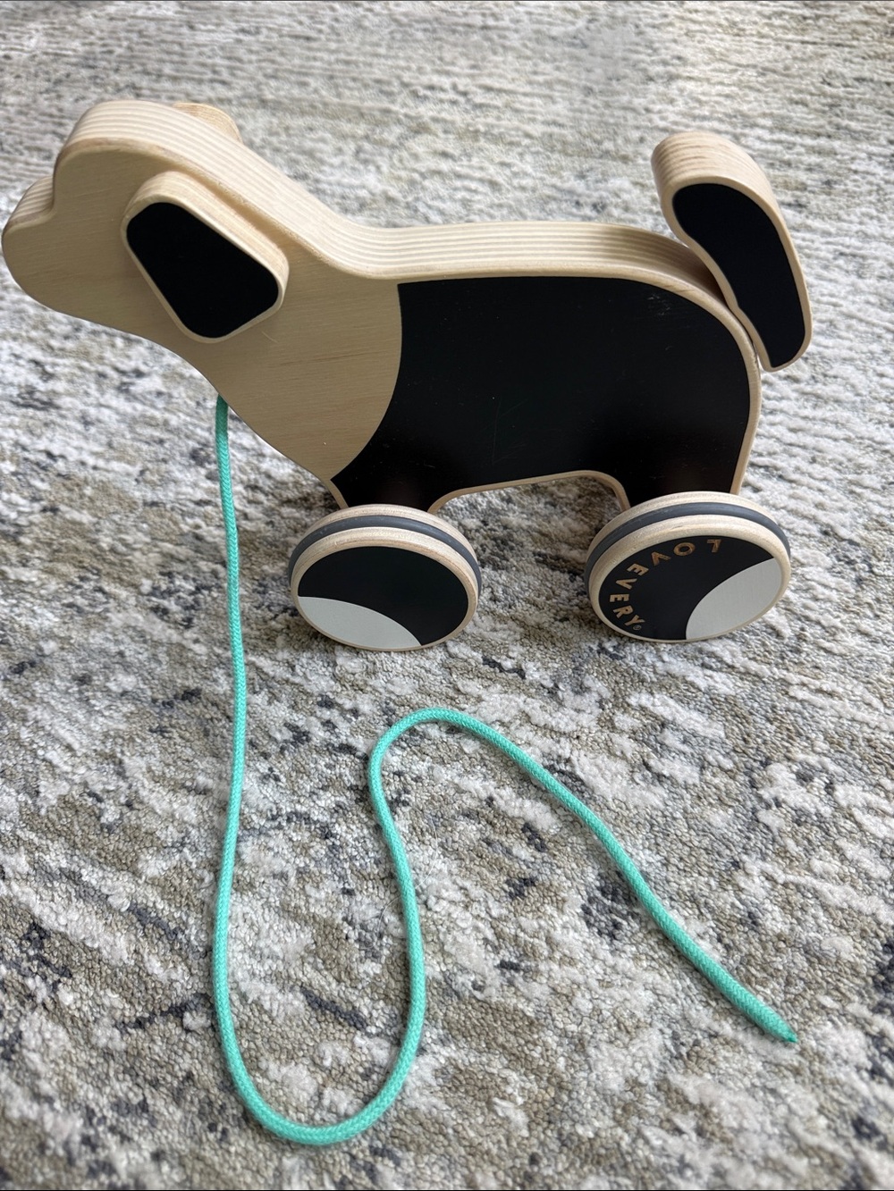 Wooden Pull-Along Dog Toy in Black and Mint